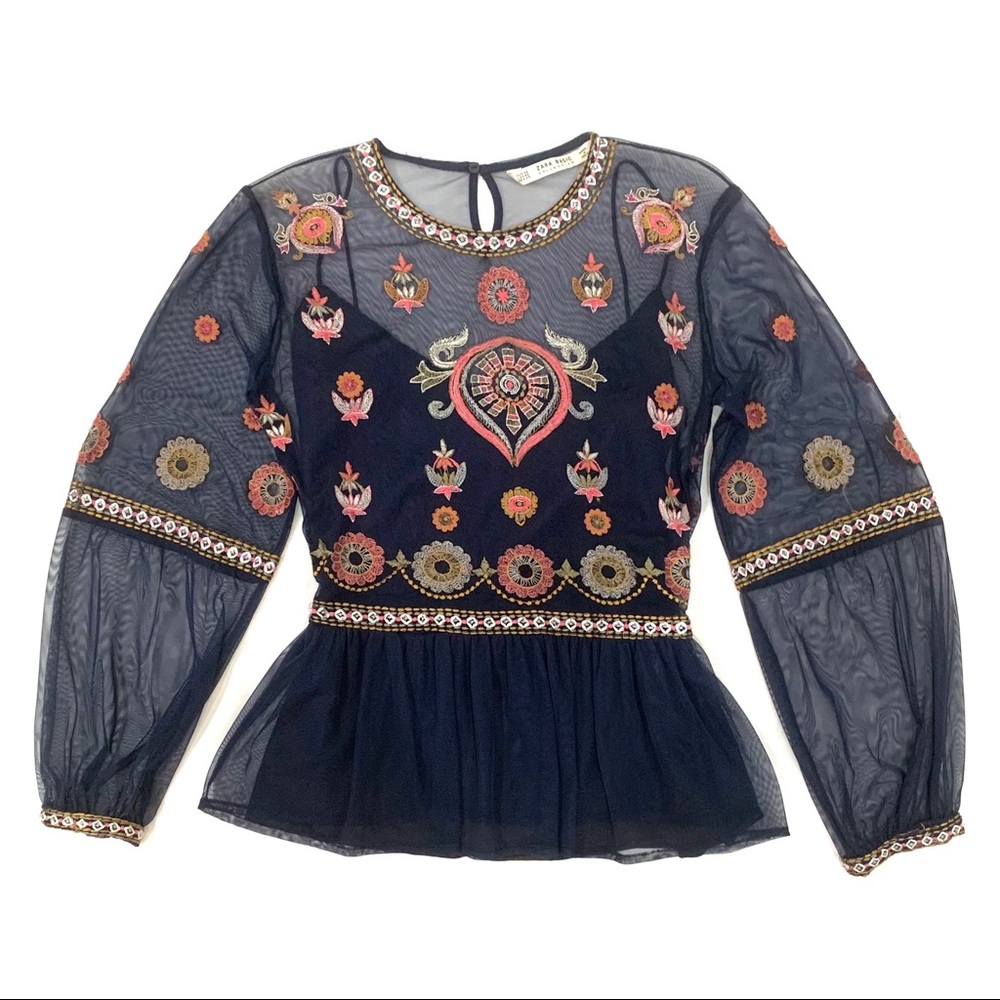 Embroidered Mesh Balloon Sleeve Peplum Boho Top